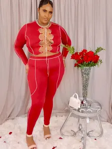 Keep Staring Pant Set Plus Size Club Party Wear Womens 2 Piece Set Stretch Long Sleeve High Waist Leggings 95% Polyester 5% Spandex - Top