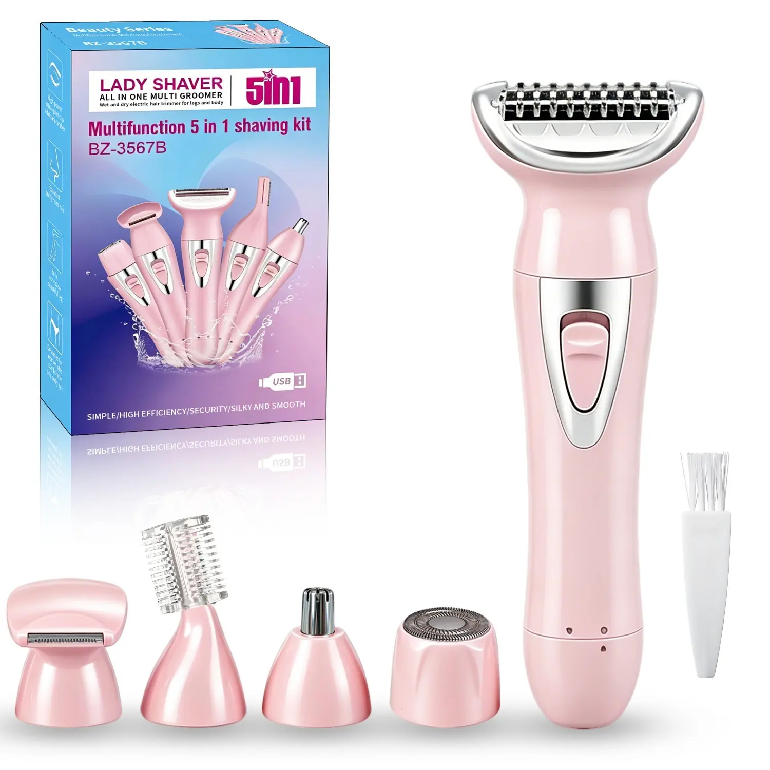 5 in 1 Women USB Rechargeable Electric Lady Shaver Wet And Dry Full Body Hair Remover Grooming Kit Body Groomer Shaver Showerproof Cordless Shaver Rechargeable Shaver Machine