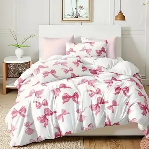 3-piece pink bow-shaped, Soft bedding sets, includes duvet cover, two pillowcases (no duvet core), suitable for bedrooms, guest rooms, girl's rooms, size customizable, machine washable