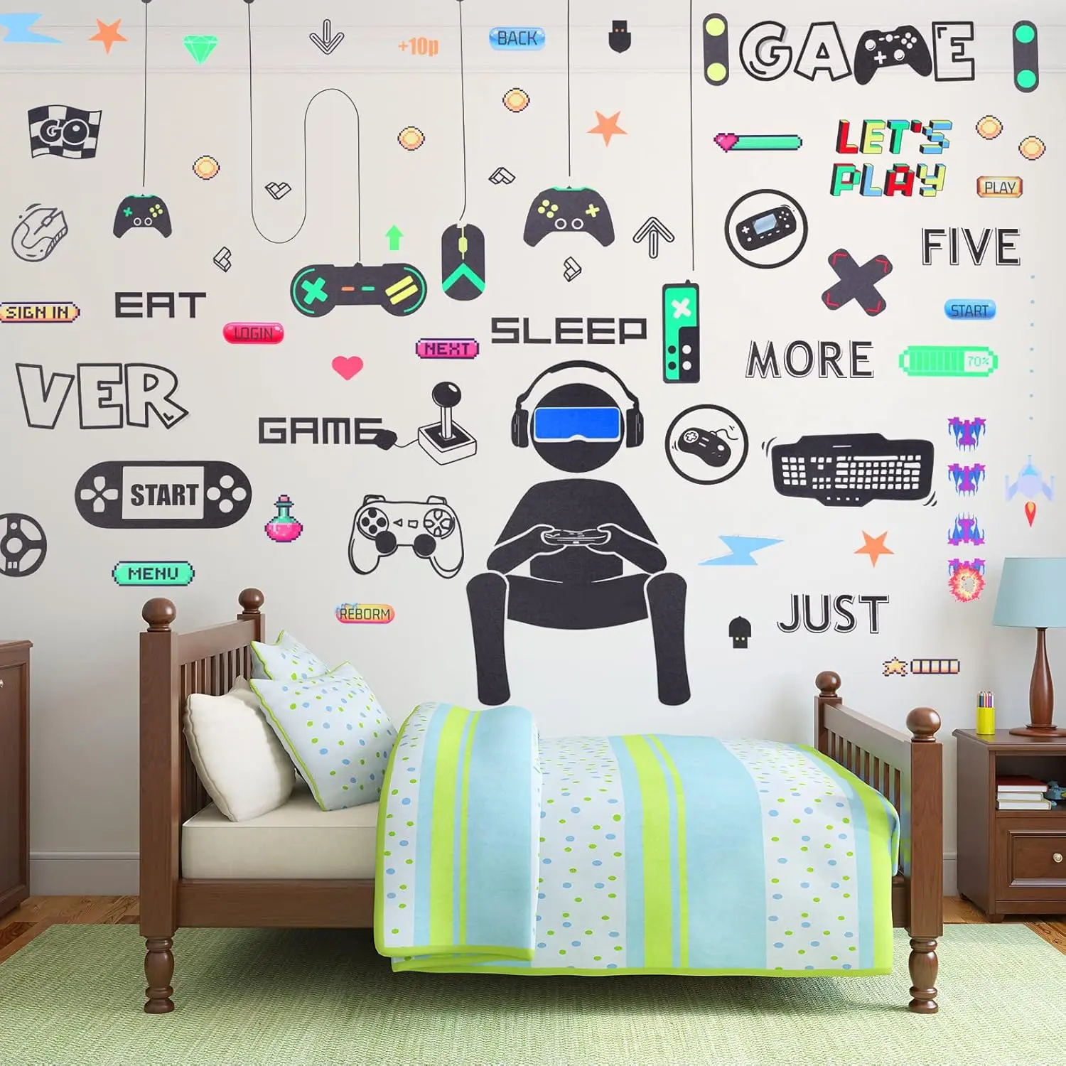 P-WPA012 Smooth PVC Flat Decorative Gamer Wall Decals (56-Piece), Removable Gaming Controller Joystick Stickers for Bedroom Playroom Decoration (Black White) – Ideal for 4th of July, Thanksgiving, Mother's Day