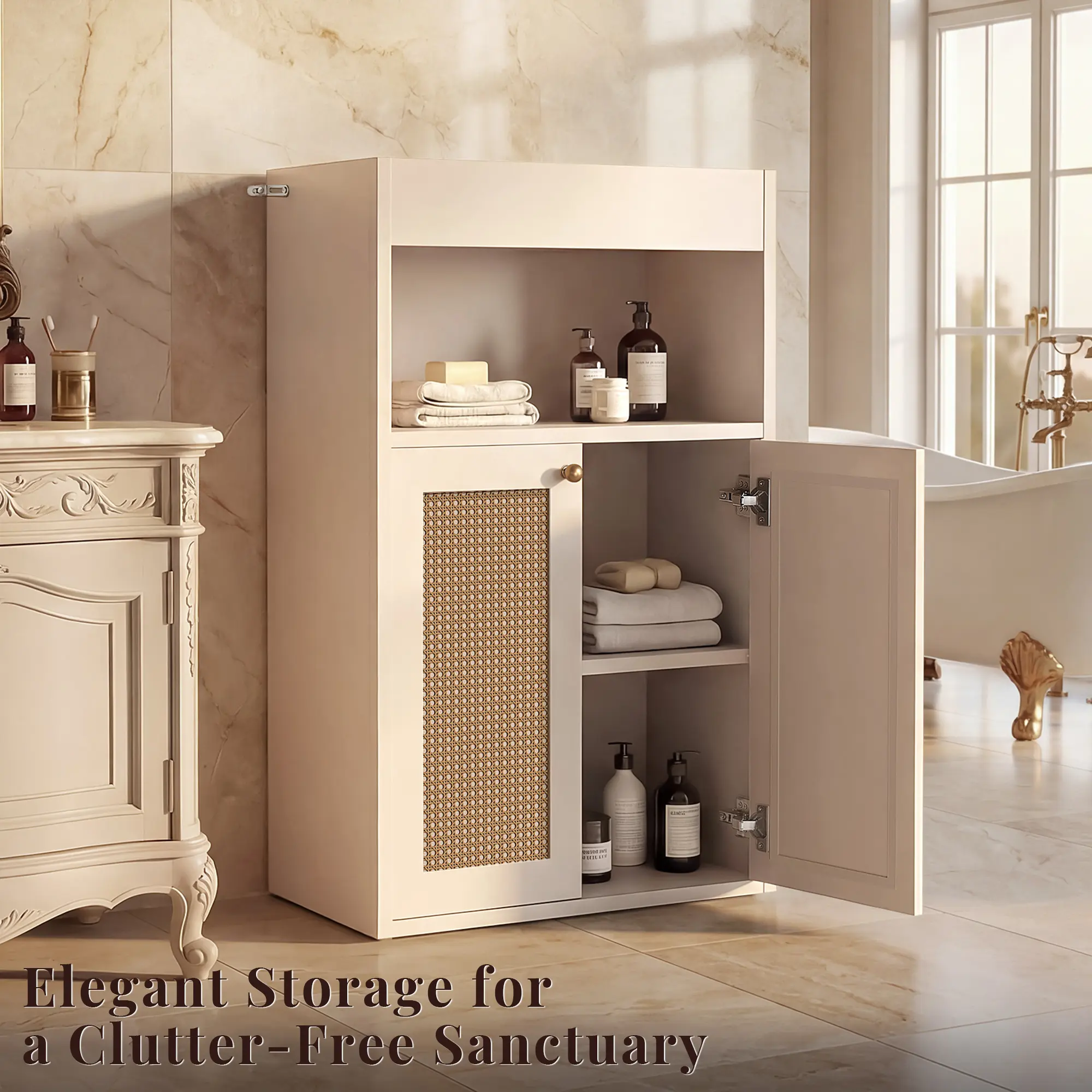 OMCHOM Easy Setup Bathroom Cabinet Organizer, Bathroom Floor Storage Cabinet, Wooden Storage Organizer with 2-Door Space-Saving Cabinet with Shelves and 1 Cupboard, Freestanding Entryway Storage Unit Console Table – Easy to Assemble, Built to Last