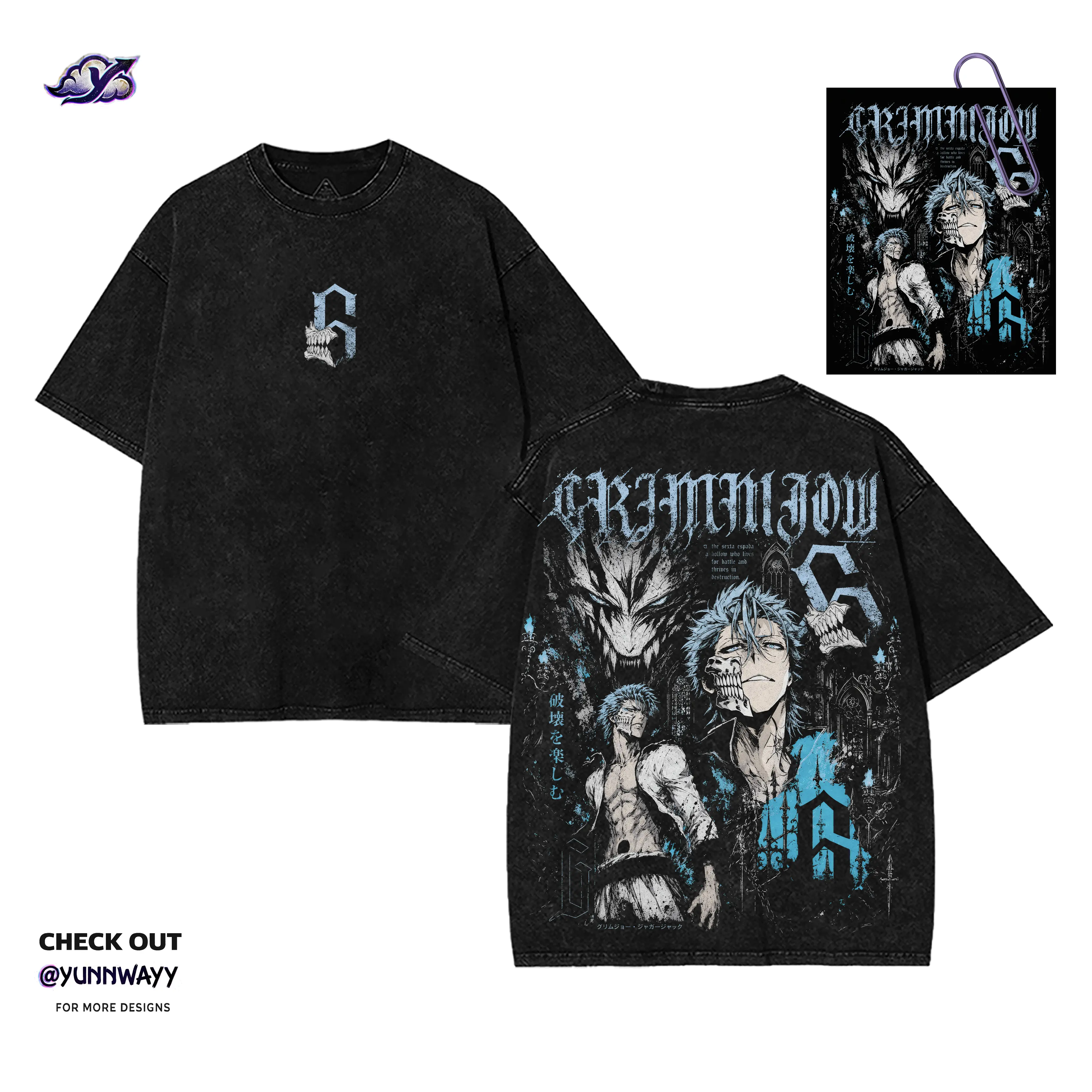 Grimmjow Jaegerjaquez Bleach Anime Graphic Washed T-Shirt, Vintage Acid Wash Heavyweight Cotton, Anime Streetwear Fashion, Y2K Aesthetic Double Print Anime Cloth