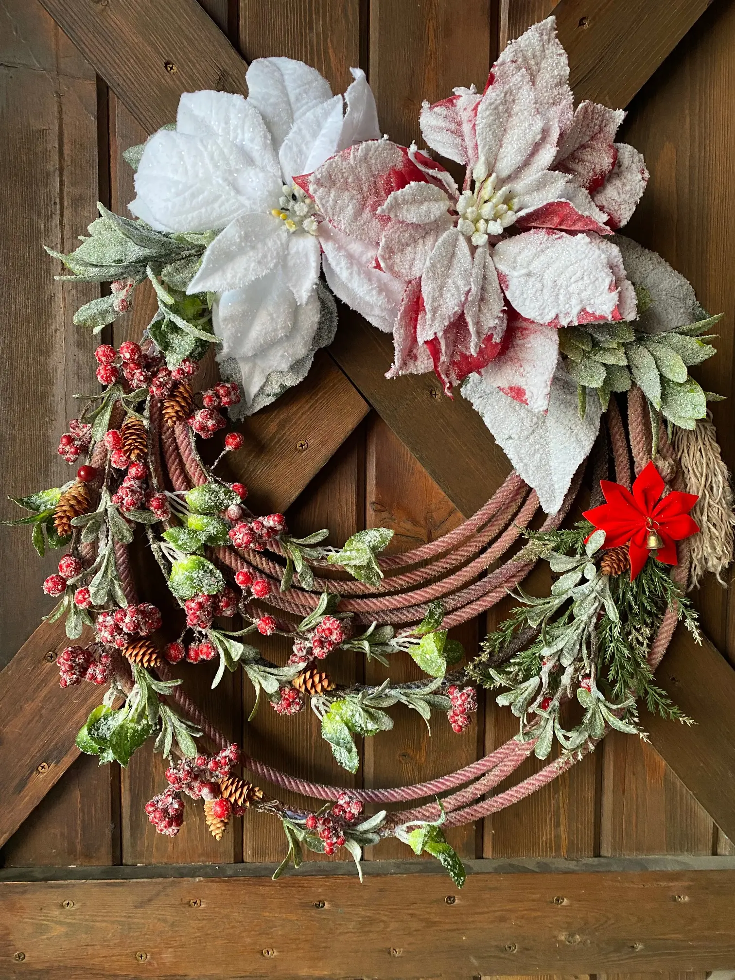 Western Bouquet Lariat Door Wreath with Poinsettia Berries and Greenery for Festive Home Decor Handcrafted Cowboy Lasso Christmas Wreath