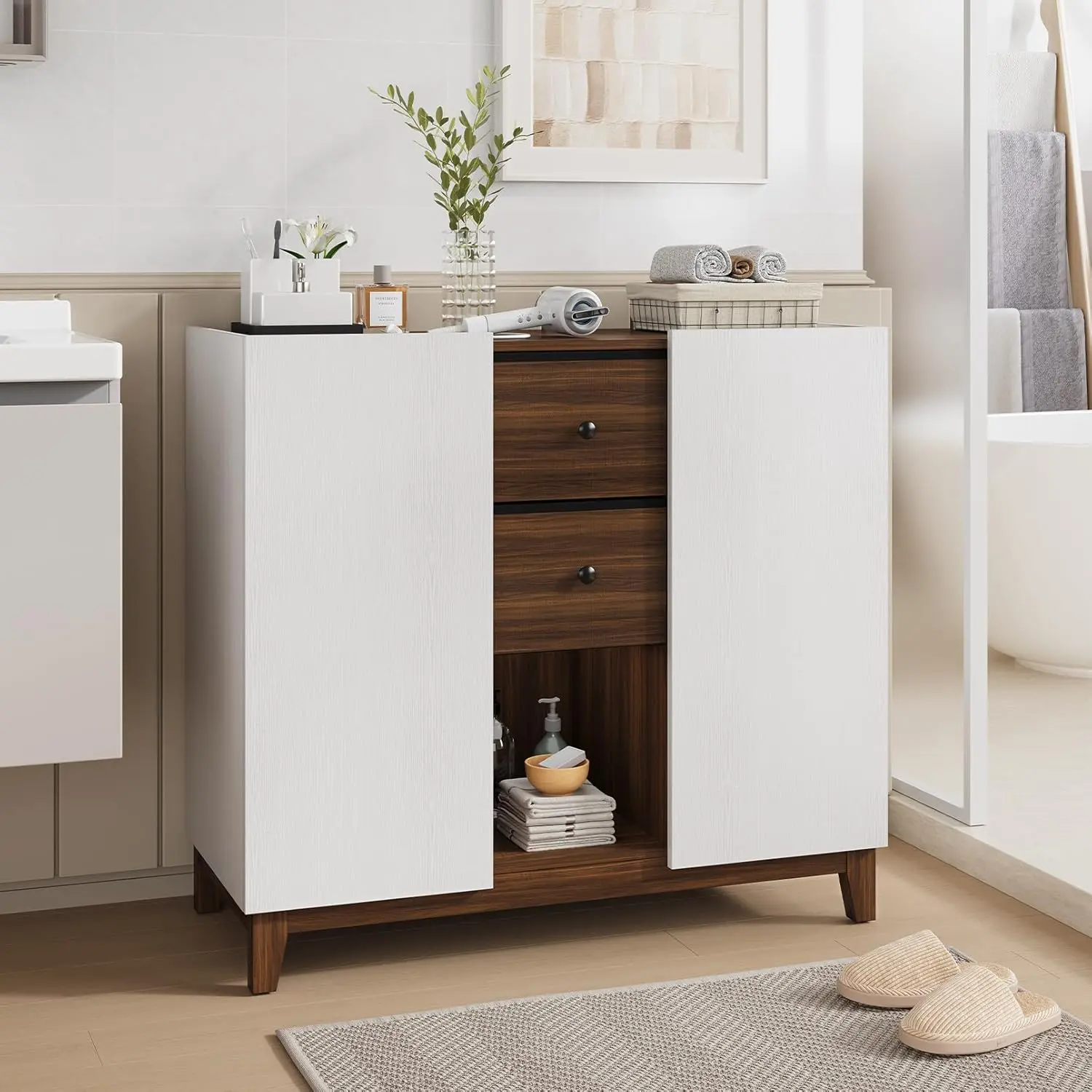 Bathroom Storage Cabinets with Drawers and Doors, Kitchen Storage Cabinet with Adjustable Shelf, Floor Sideboard Buffet Cabinet for Living Room, Kitchen, Hallway, Dining Room, White Walnut