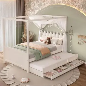 Full /Twin Size Platform Bed with Pull Out Twin Size Trundle and 3 Drawers, Princess Canopy Bed Frame with Upholstered Headboard for Girls Women Gift, Easy Assembly, Beige