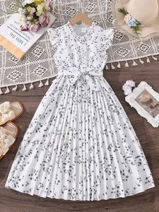 Girls Floral Print Button Embellished Ruffle Dress, Sweet Cute Style, Perfect for Daily Wear and Vacation