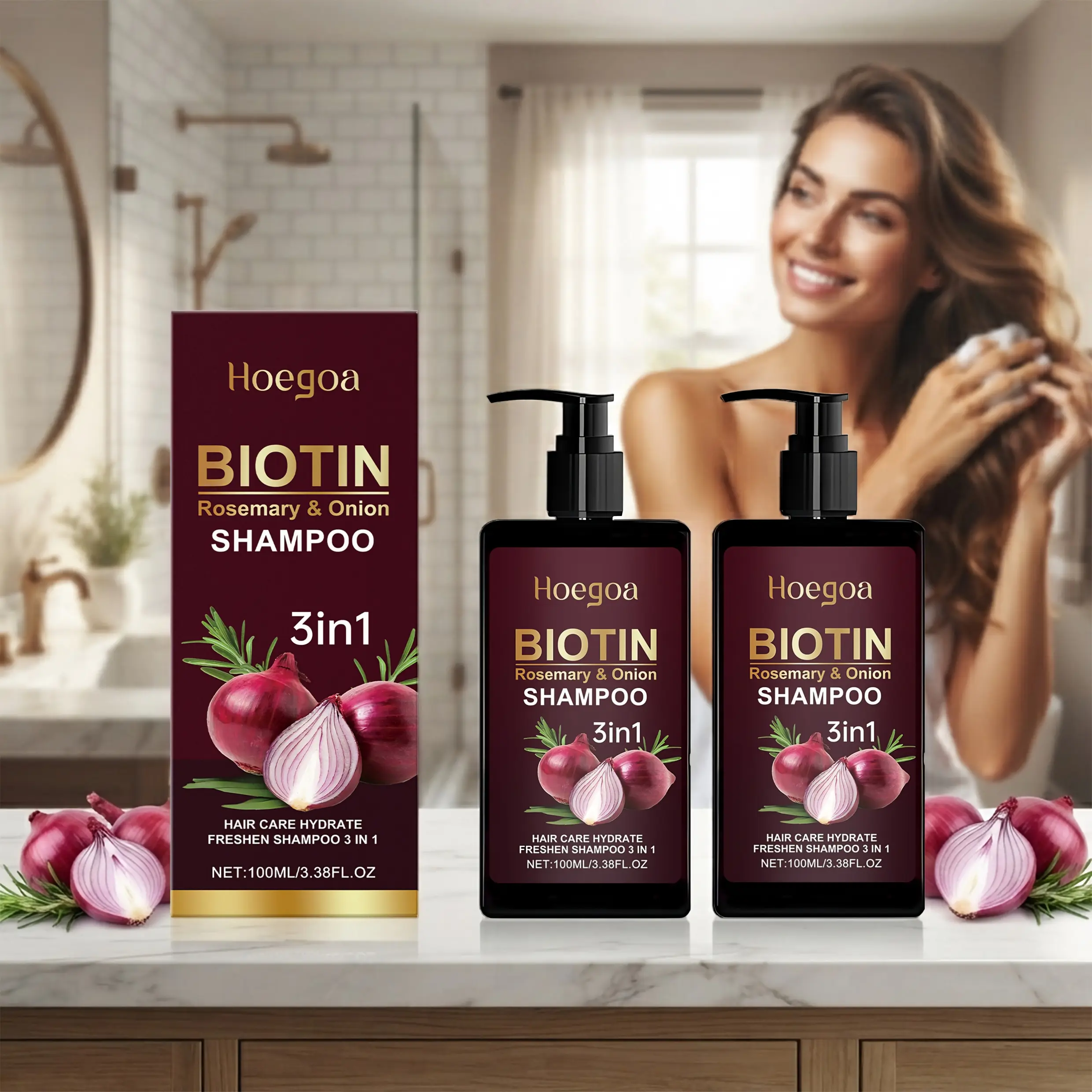 Hoegoa 2 Pack 3-in-1 Biotin Rosemary Onion Hair Growth Shampoo 3.38 FL OZ, Scalp Revitalizing Cleanser for Damaged Hair & Sensitive Scalp, Nourishes Roots Strengthen Strands Boost Glossy Shine, Hydrating All Hair Type Hair Care