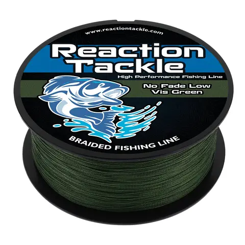 No Fade Low-Vis Green Braided Fishing Line - Reaction Tackle X4 Strand UHMWPE Braid, Color-Lock No Fade, Zero Stretch, Abrasion Resistant, 6-100lb, 150-3000yd Spools - Stealth Line for Bass, Walleye, Crappie