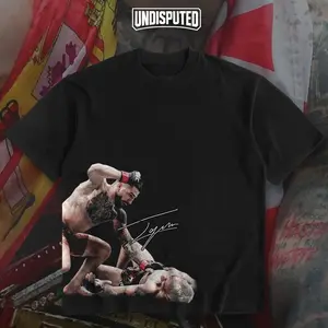UNDISPUTED Ilia Topuria Knock Out Charles Oliveira UFC 317 Heavy Cotton T-shirt MMA Fight Night Fan Apparel Classic Fit Short Sleeve Crew Neck Medium Length DTG Printed FCQ