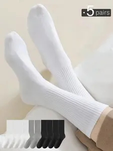 5 Pairs Men's Crew Socks, Comfortable Breathable Anti-Odor, All-Season Long Tube Socks, Casual Sport Socks, Athletic Socks