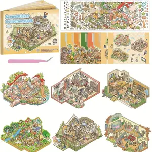Miniature Scene Collection Book with 6pcs Scene Card Paper & 9pcs Sticker & 1 Count Tweezers, 3D DIY decoration Decorative house Sticker album, Gift Wrapping Set, Creative artistic Craft Kit  kawaii focus toy adult stress relief scrapbooking