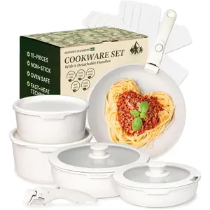 15- White Granite Nonstick Cookware Set - Detachable Handles & Tempered Glass  - Stackable & Cool- - Induction & Oven Safe to 480?F - Scratch-Resistant, PFOA & PFOS-Free