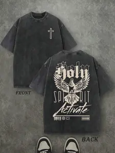 Retro Washed T-Shirt Double Sided Printed (230 Pure Cotton T-Shirt) 'Holy Spirit Activate'  Letter And Jonah Pattern Print,  Christian Gift, Mens TShirt, Mens Casual, Comfortable, Fashionable T-Shirt, Street St Vintage Streetwear