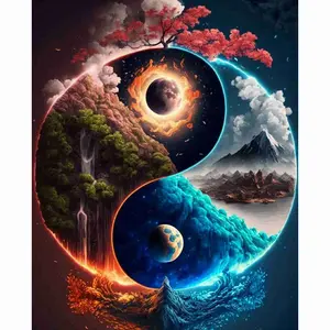 Yin Yang Diamond Painting Kit, Fire & Water Landscape with Sun and Moon, 5D Full Drill Round & Square Rhinestone Cross Stitch, Mystical Tai Chi Art, Fantasy Nature Scene with Mountains and Waterfalls, Spiritual Home Decor, Unique DIY Craft Gift