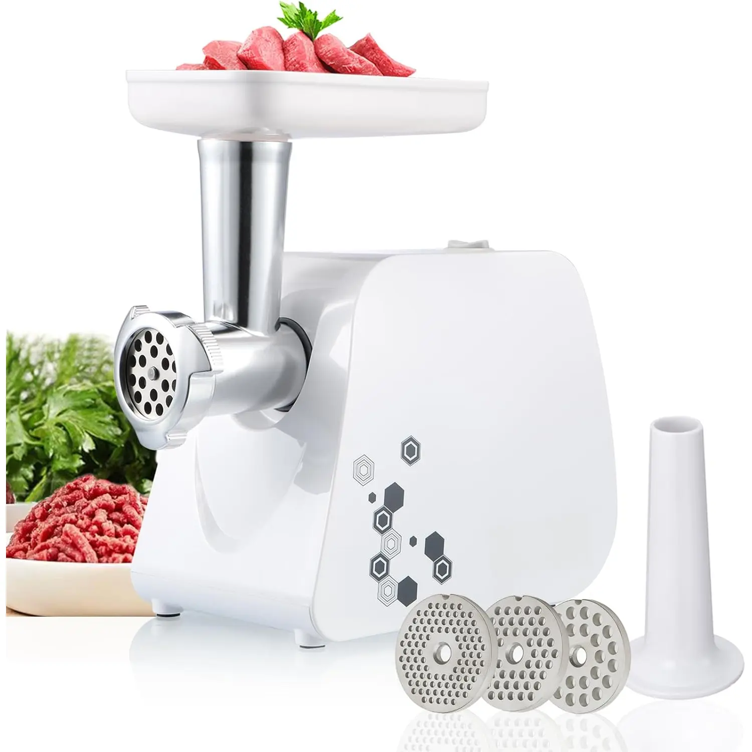 Electric Meat  and Sausage Maker - 1HP 1000W Max - Stainless Steel   and 3 Grinding Plates,1 Big Sausage Staff Maker, White