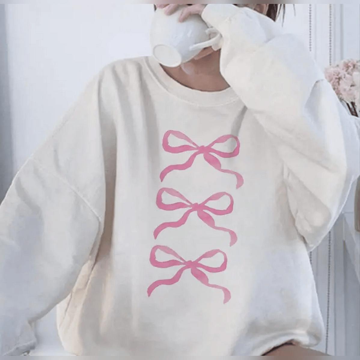 Pink Bow Sweatshirt Trendy Pink Ribbon Bow Crewneck Sweatshirt For Women With Bows Hoodied Everyday Cotton Sweaters Pink Bow Sweatshirt Trendy Pink Ribbon Bow Crewneck Sweatshirt For Women With Bows Hoodied Everyday Cotton Sweaters
