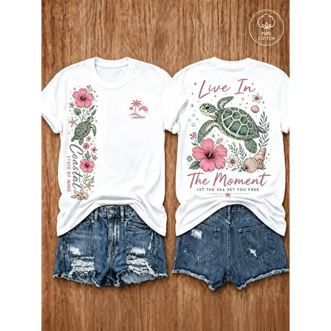 Live In The Moment Sea Turtle Coastal Double Sided Unisex T-Shirt, Ocean Hibiscus Floral Graphic Tee, Casual Daily Wear, Outdoor, Beach Holiday Gift, All Season Retro Style