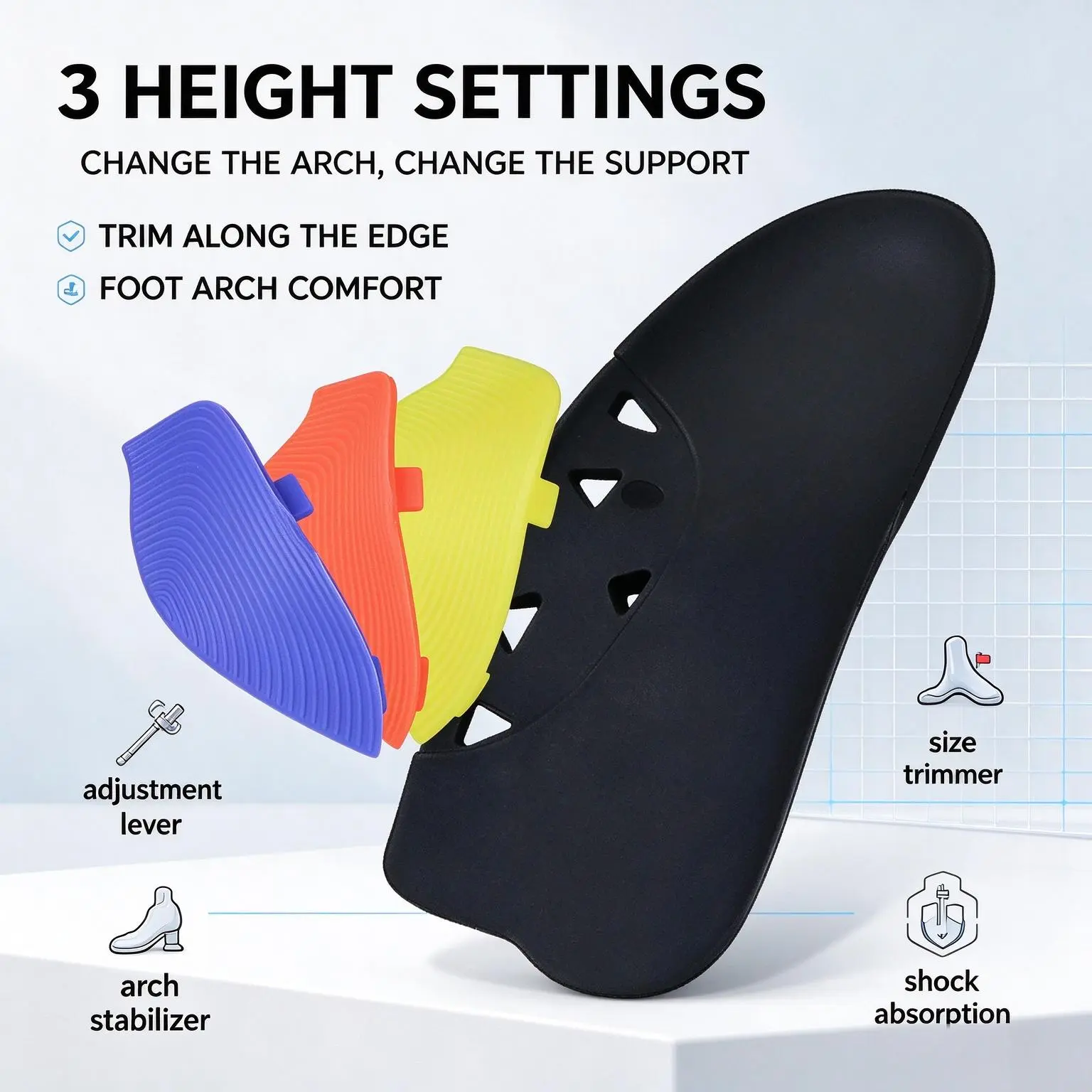Adjustable Arch Support Insoles with 3 Height Settings for Enhanced Comfort and Shock Absorption Parent Shoe Footwear