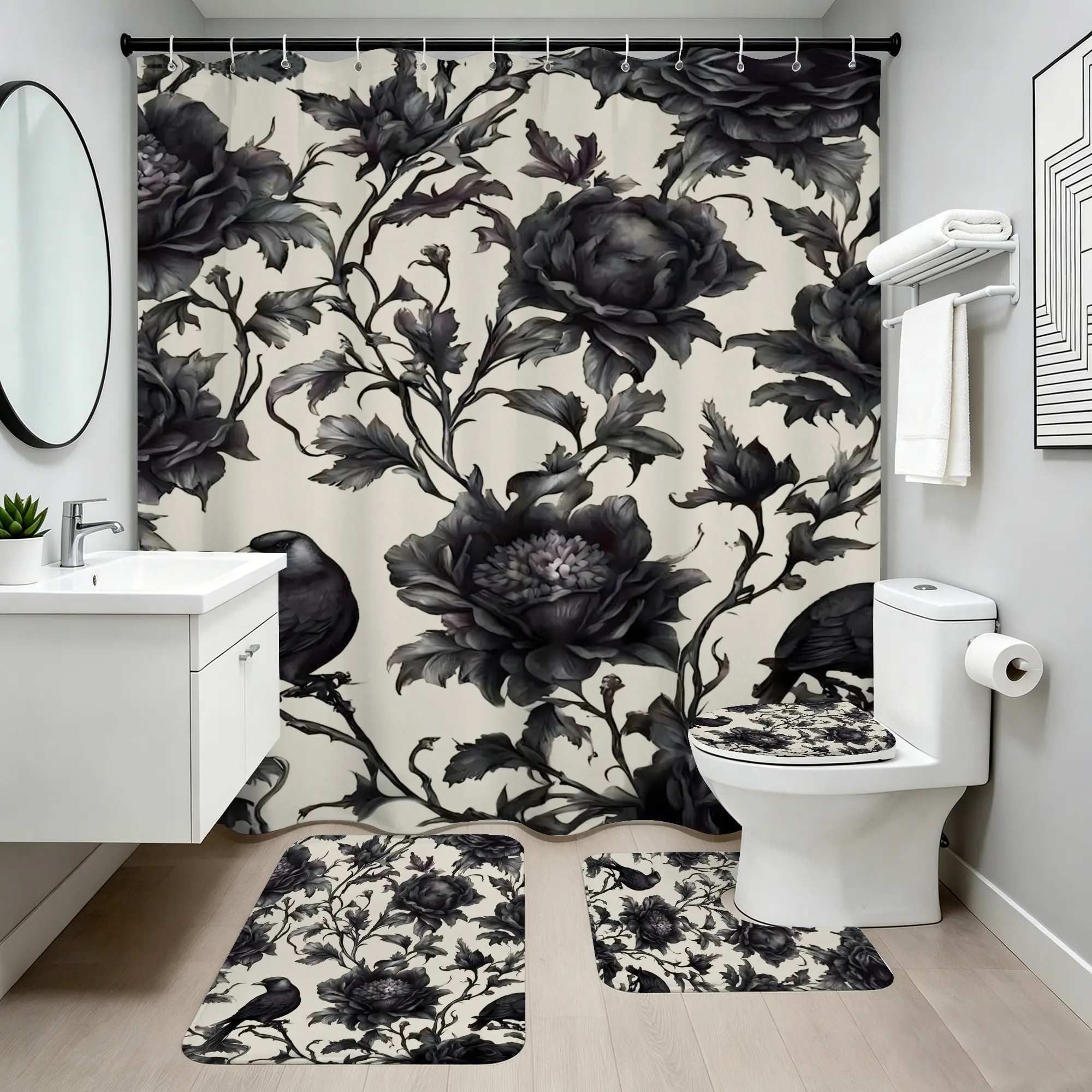 1/3/4pcs Gothic Crow & Flower Full Privacy Polyester Shower Curtain Set - Black & White, Thick Metal Stainless Steel Curved Decorative Hooks, Machine Washable, Smooth Texture, Retro Artistic Botanical Print, Bathroom Decoration Accessories