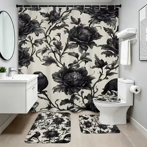 1/3/4pcs Gothic Crow & Floral Shower Curtain Set - Black & White Botanical Print Polyester, Machine Washable, Smooth Texture, Curved Hook Curtains, Artistic & Botanical Inspired, for Aesthetic Home & House Decor Bathroom Accessory