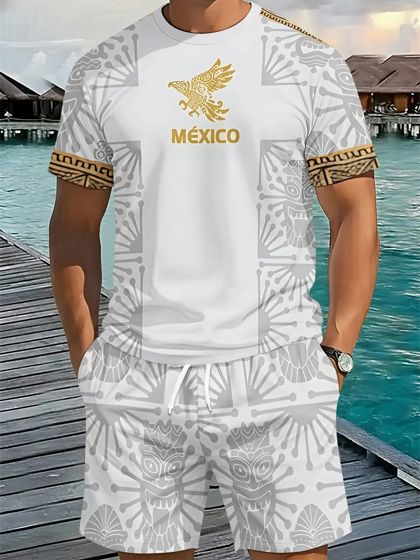 Men's 3D Digital Printed Two-Piece Set with Grey and White Mexican Totem Prints, Round Neck, Fashion, Trendy and Stylish Outfit, Retro Casual Two-Piece Suit, Tropical Vacation Wear, Breathable Sporty Casual Style, an Ideal Festival Gift for Men, Menswear