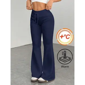 Casual Low-Waist Drawstring Waist Elastic Sports Pants Flared Pants Sweatpants Thermal Lined Composite Velvet Suitable For Autumn And Winter