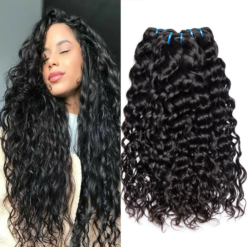 Megeen Hair Water Wave Bundles Human Hair 100% Unprocessed Human Hair Bundles 1/3/4 Bundles Deals Human Hair Extensions 12A Water Wavy Human Hair Bundles for Women Natural Color Human Hair Weft Extensions