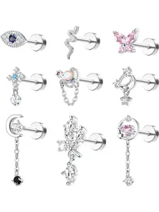 9 Pcs Cartilage Earrings for Women, 16g Screw Flat Back, Stainless Steel Tragus Studs, Heart Star Cz Dangles, Casual Piercing Jewelry, Body Jewelry