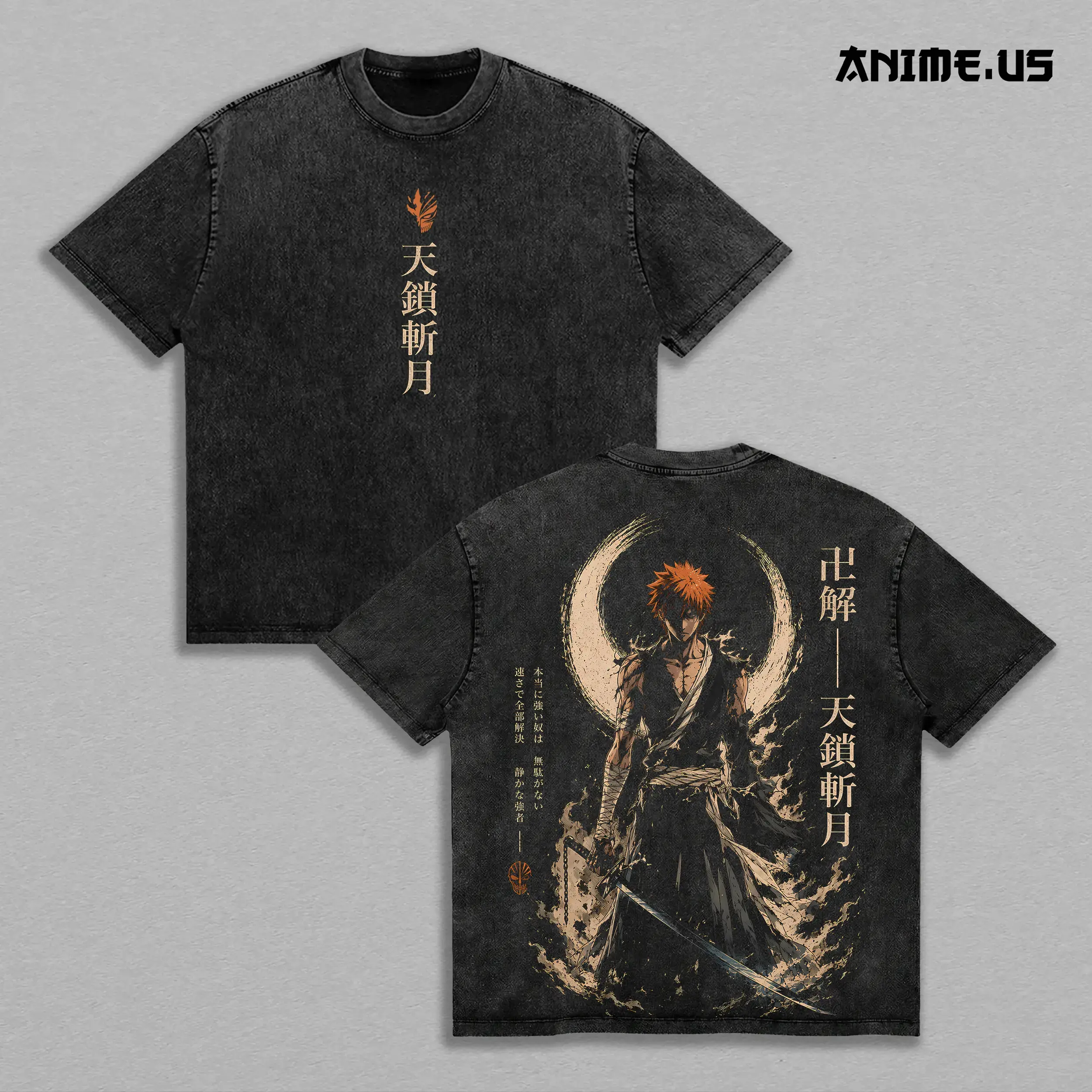 Ichigo Kurosaki Bleach Thousand-Year Blood War Vintage Washed Oversized T-Shirt, Tensa Zangetsu Anime Graphic Tee, Heavyweight Cotton Streetwear Shirt