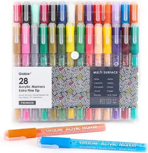 Grabie Acrylic Paint Pens - 28 Color Extra Fine Tip Markers for Painting Various Surfaces - Premium Art Supply Set