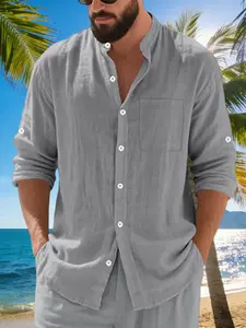 Men's Casual Linen Stand Collar Shirt, Long Sleeve Button Front, Breathable Tropical Summer Beachwear with Pockets, Stylish, Classic and Comfortable