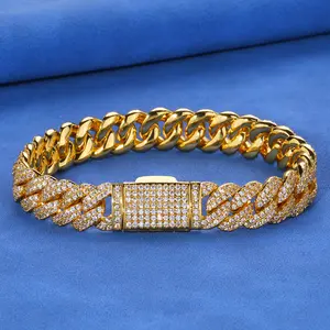 [ICE HUE]18K Gold Vacuum Plated Copper with 5A+ Sri Lanka Zircon Bracelet 10mm Double-Row Cuban Link Chain for Men - Trendy Brand, Personalized Gift Idea, Hip Hop Style, Daily Wear, Luxury Accessory
