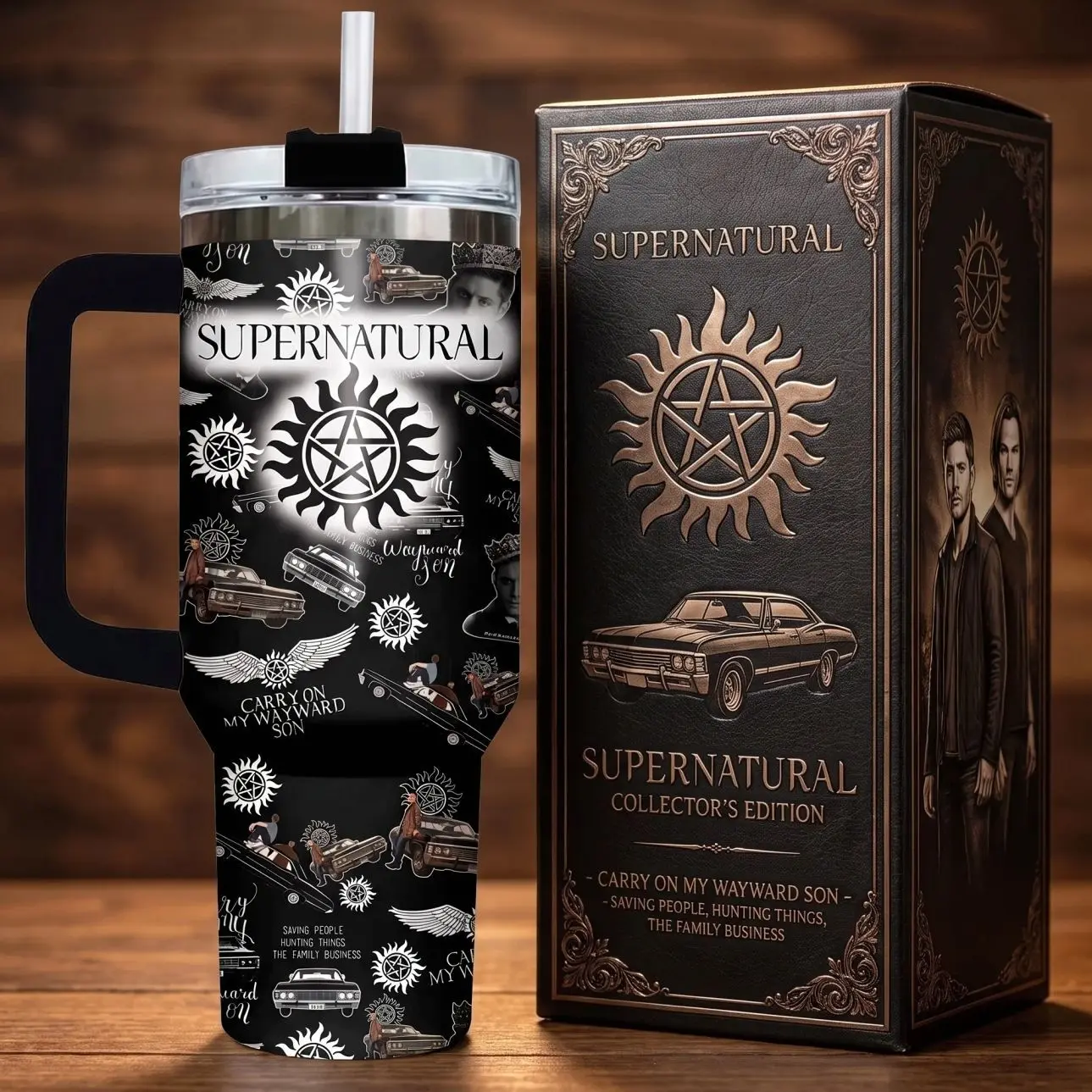 Supernatural TV Show Tumbler with Handle, 40oz Insulated Stainless Steel Travel Mug with Straw, Anti Possession Symbol Dean Sam Winchester Impala Car Cup, Carry On My Wayward Son Saving People Hunting Things Gift Idea for TV Fans