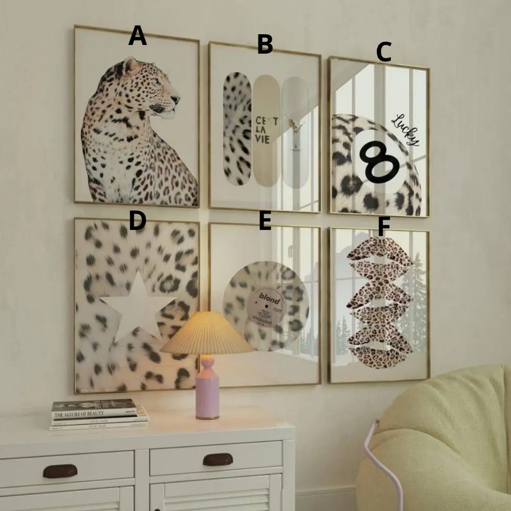 Set of 6 Neutral Leopard Wall Art Print | Retro Y2K Fashion Posters | Cheetah Y2k Print Gallery Wall | Aesthetic Skateboard | 8 Ball Lucky
