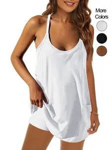 Women's 2 in 1 Solid Color Cami Dress, Casual Breathable Comfortable Tennis Dress, Ladies Sportswear for Indoor Outdoor Wear