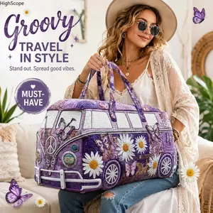 Retro Hippie Van Quilted Duffel Bag, Purple Butterfly Floral Large Capacity Tote, Vintage Overnight Carry On Luggage for Women