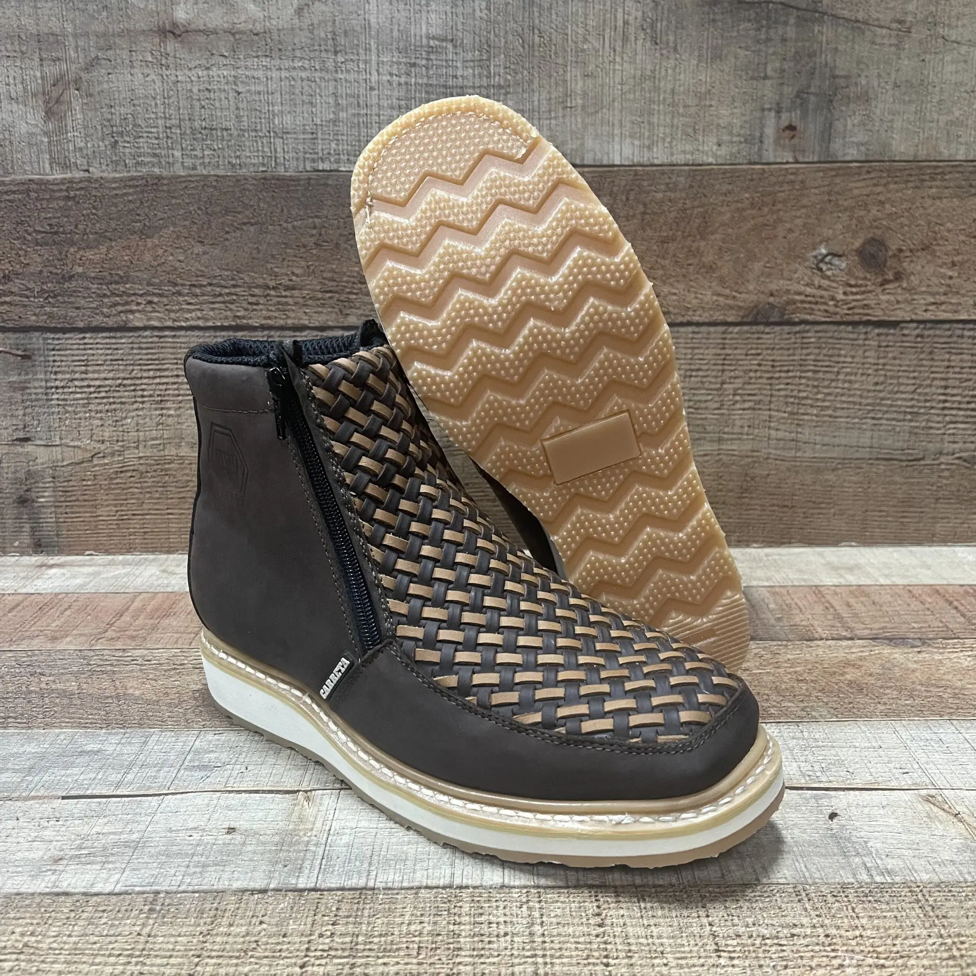 Men's Work Double Zipper Handwoven Genuine Leather Oil/Water Resistant Est.341 Petatillo Cafe/Tang Suela Doble Densidad Cierres