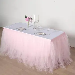 Tulle Table Skirt 14ft Blush - 4 Layer Pleated Tutu Table Cover