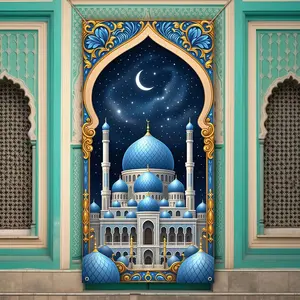 2D Flat Banner Party Banners, Islamic New Moon Star Door Decor, Blue Mosque Design, Indoor Outdoor Ramadan Decoration