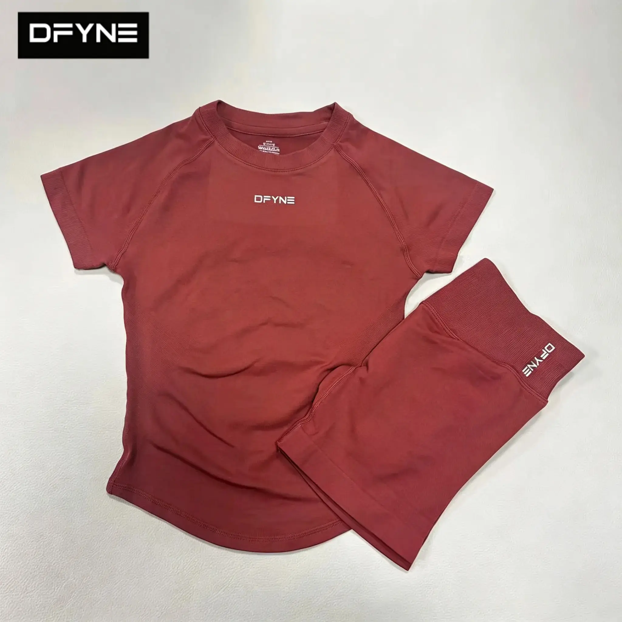 DFYNE Women’s 2 Piece Seamless Gym Set, Short Sleeve Athletic T-Shirt & High Waisted Biker Shorts Workout Outfit, Stretchy Fitness Activewear for Gym, Yoga, Running, Training, Pilates, Exercise and Everyday Wear