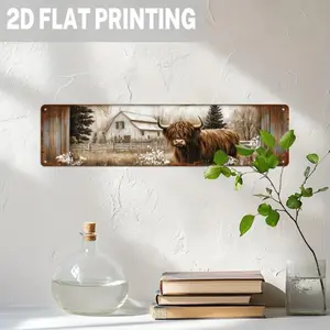 Highland Cow & Barn Metal Wall Sign, Aesthetic Design Rustic Farmhouse Decor, 9.98x39.98cm, Vintage Style Art for Living Room, Bedroom, Office, Easy-to-Hang Decorative Accent, Cow Decor