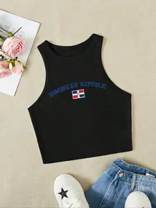 Women's Flag Print Crop Tank Top Round Neck, Casual Sleeveless Short Cropped Top for Summer, Ladies Clothes for Daily Wear, Socks