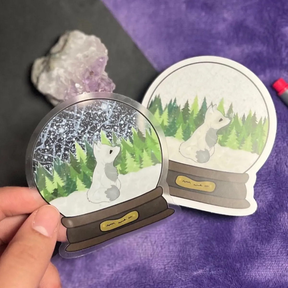 Snowglobe Arctic Fox Clear Sticker | Cute Fox Critter Sticker, Holiday Snowglobe Cottagecore Sticker, Clear Sticker, Winter Fox Wildlife Snowglobe Sticker Decor Decorative Vinyl Stars Tiles Sticker Ornaments