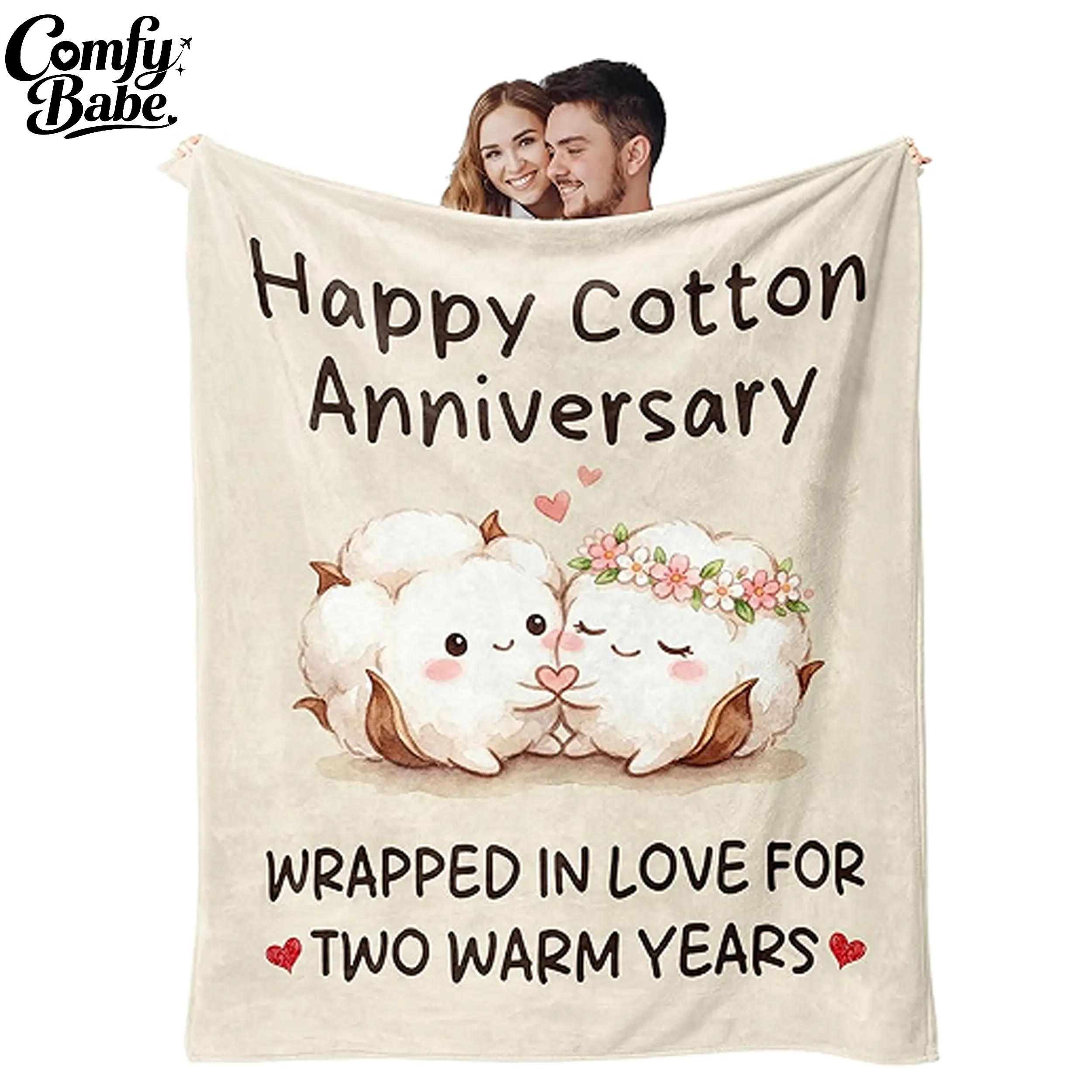 Happy Cotton Anniversary Flannel Throw Blanket, Romantic Couple Gift Blanket, Cozy Love Blanket for Anniversary Celebration