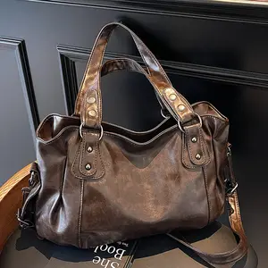Women's Vintage Large Capacity Tote Bag, Fashionable PU Leather Shoulder Bag for Daily Used, Casual Trendy Versatile High-quality Daily Commuting Bag