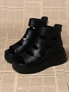 Hollow Out High Top Roman Sandals, Women's Thick Sole Platform Heel, Street Style Fashion Stylish Sexy Shoes, Height Increasing Casual Footwear, Rubber