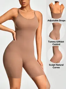 Women One Piece Shapewear Bodycon Romper with Spaghetti Strap Brown- Size M