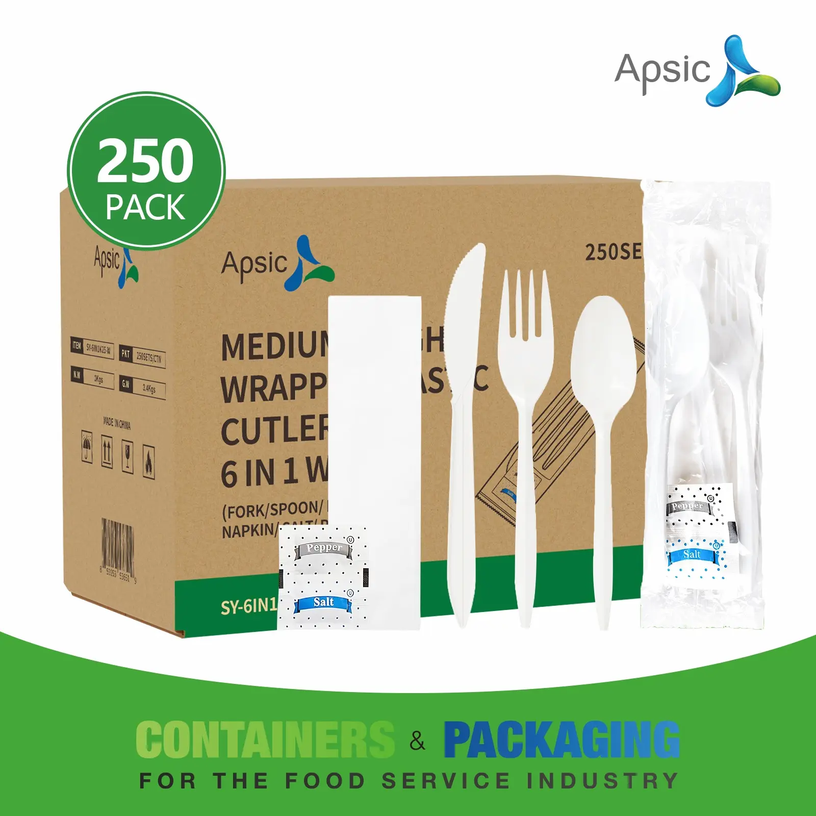 250 Set [6 in 1 Combo] Apsic Plastic Silverware Cutlery - Disposable Forks Spoons Knives Napkin Salt Pepper Utensils Set - White To Go Flatware Sets for Restaurant, Wedding, Christmas, Party, BBQ, Banquet - Individually Wrapped