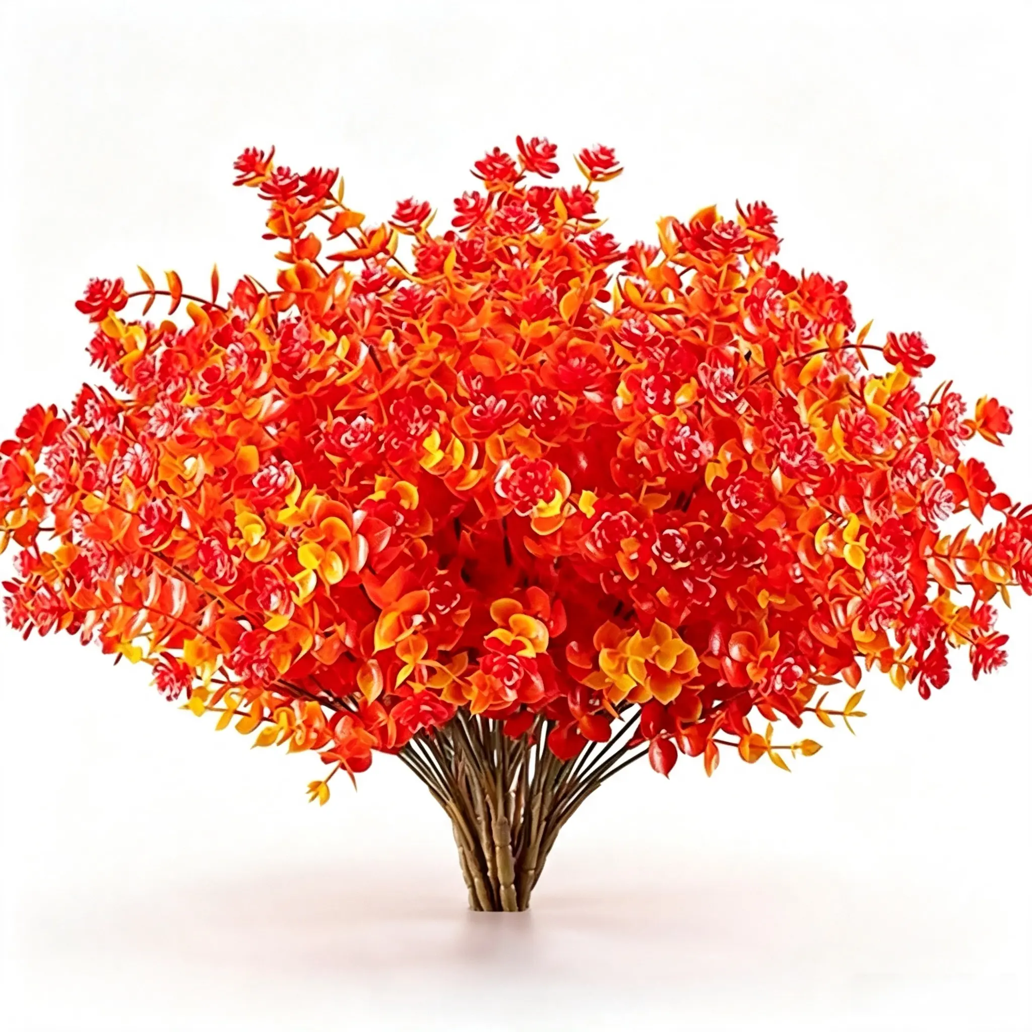Artificial Fall Eucalyptus Flowers, Orange Red Faux Autumn Leaves Bouquet, Fake Floral Stems for Thanksgiving Halloween Home Vase Decor Farmhouse Table Centerpiece