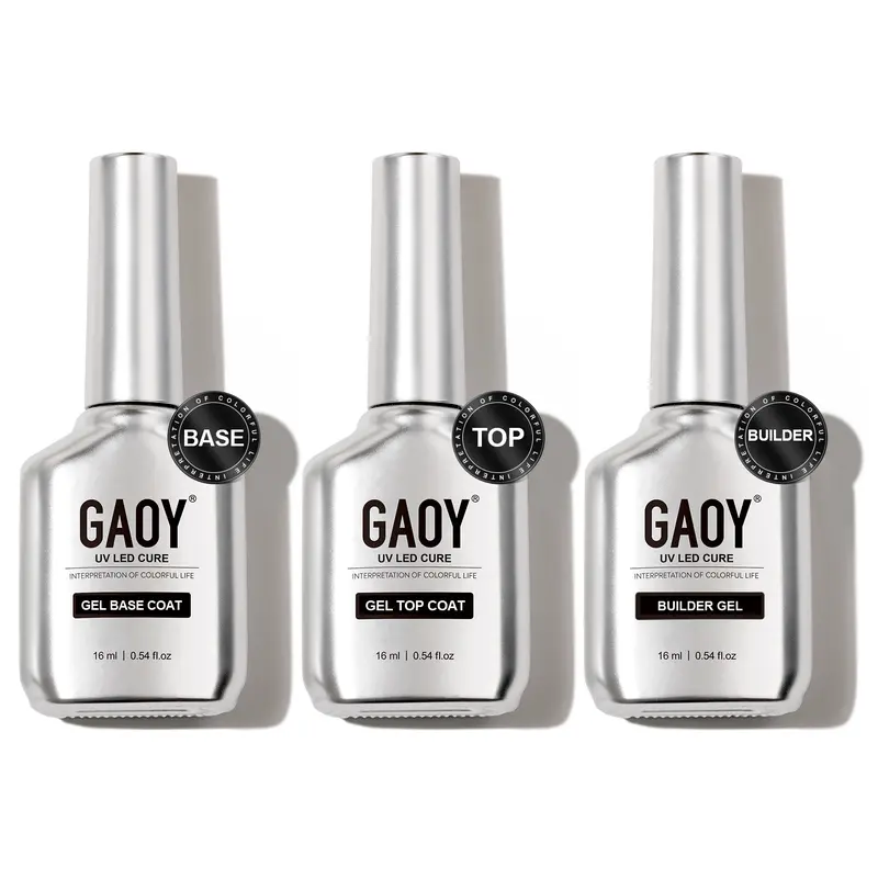 GAOY 16ml Gel Top Coat, Builder Gel and Base Coat Set, 3 Pcs | Clear Glossy No Wipe Gel Top, Base Coat and Builder for Gel Nail Polish, UV Light Cure Needed